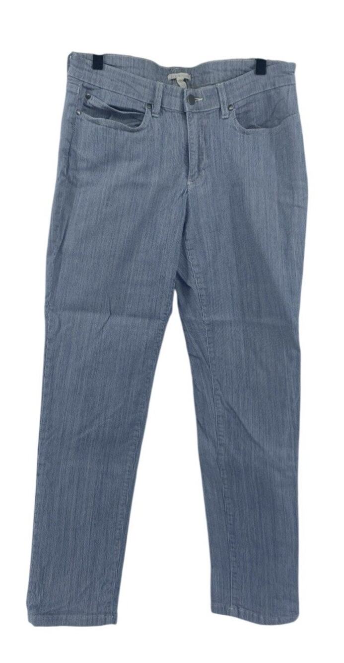 Eileen Fisher Jeans 12 Blue White Organic Cotton Striped Denim Straight Leg